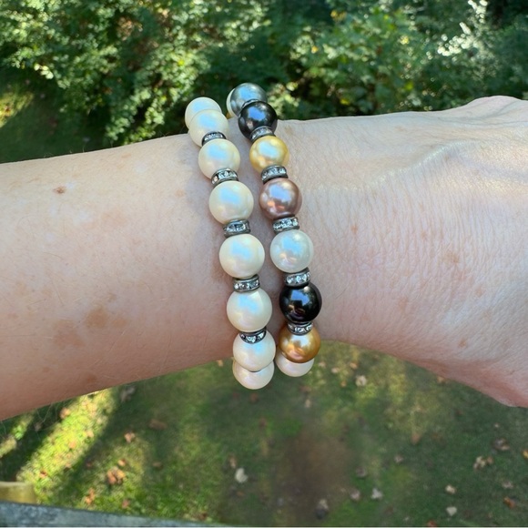Handmade Faux Pearl Rhinestone Stretch Bracelet Set 2pc Ivory Gray Gold - Picture 4 of 12